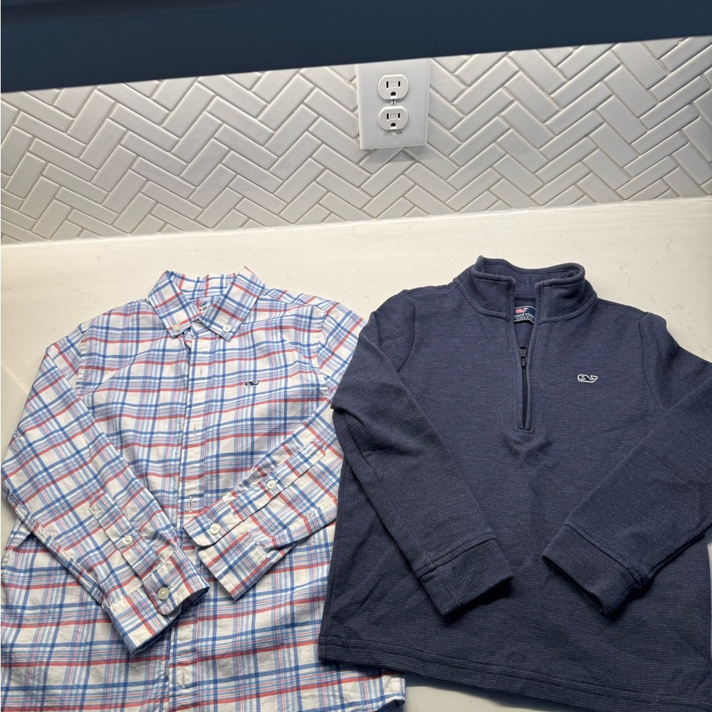 Vineyard Vines Boys Navy Quarter-Zip Pullover & Plaid Button-Down Shirt Size 6